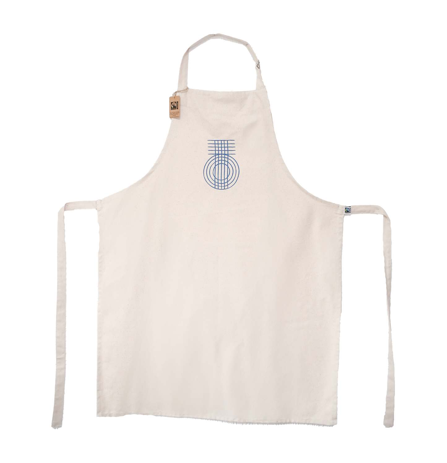 A beige apron with a blue geometric pattern and the 'True Origin' brand logo on the front. It has canvas ties for the neck and waist.