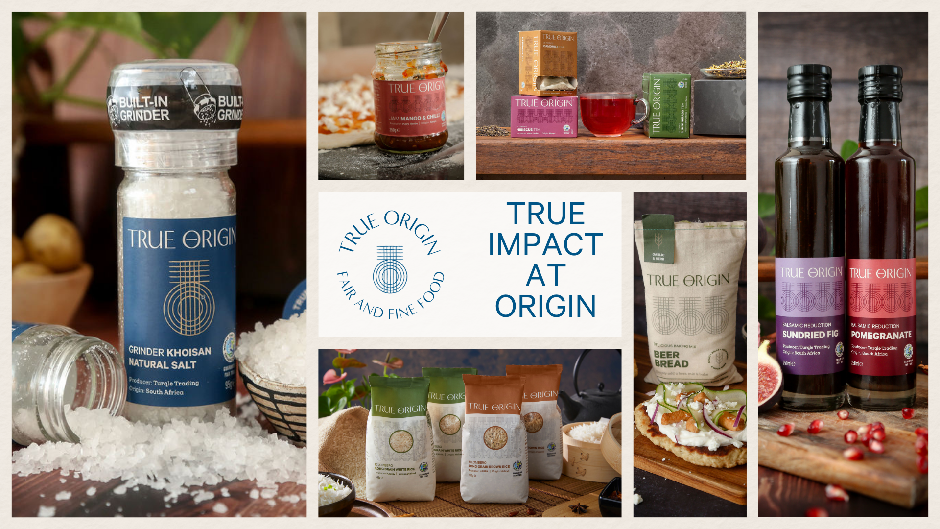 Collage of True Origin products including salt, tea, and olive oil with branding text.