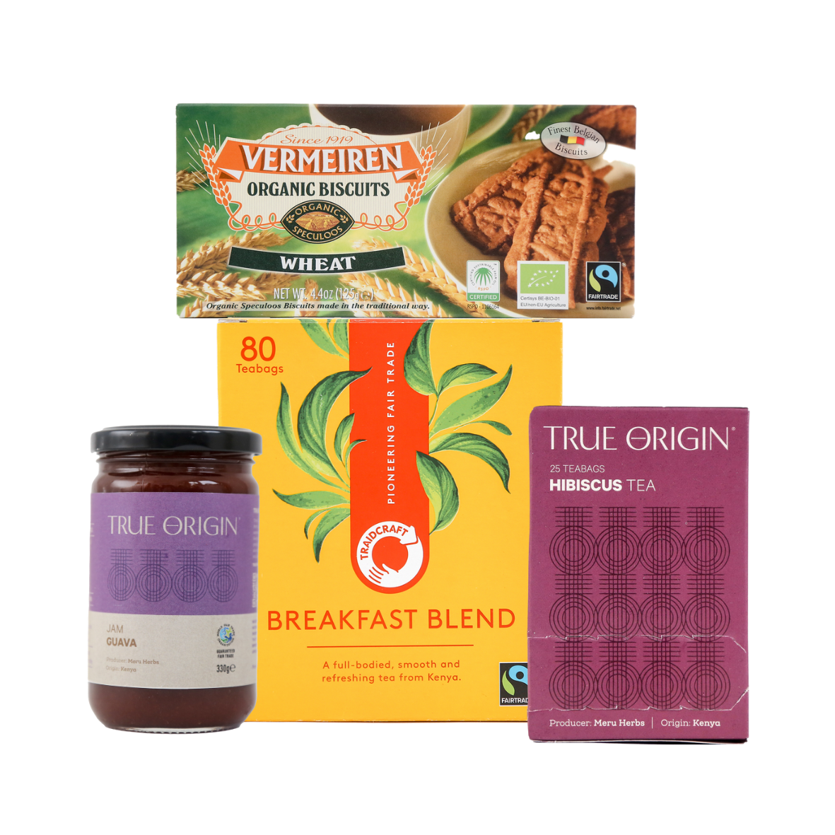 Collection of Vermeiren organic biscuits, Fairtrade Traidcraft Tea, and True Origin hibiscus tea and a jar of fair trade guava jam for afternoon tea on a white background