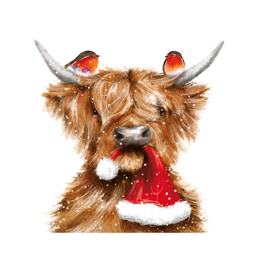 Highland cow wearing a Santa hat with snowflakes on a white background.