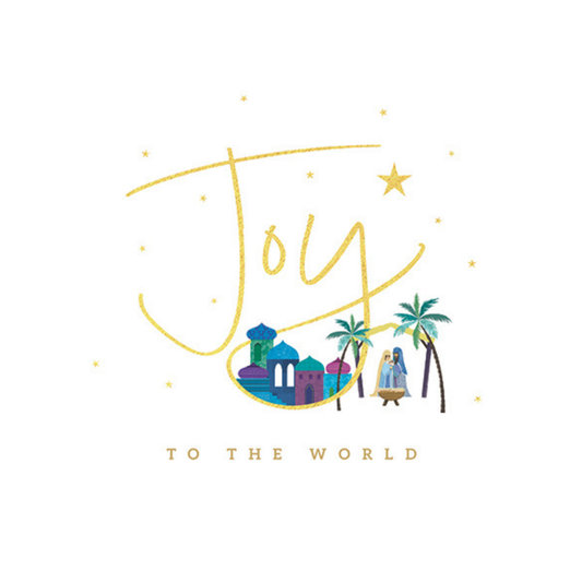 Decorative text 'Joy to the World' with a nativity scene and palm trees on a white background.