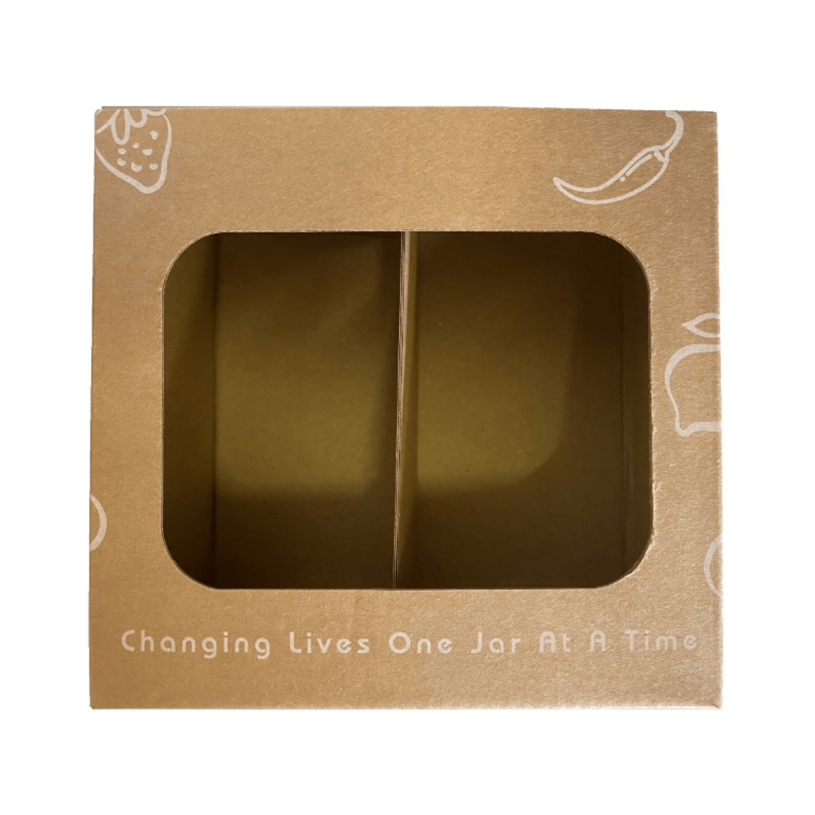 Brown cardboard box with window and text 'Changing Lives One Jar At A Time' on a white background