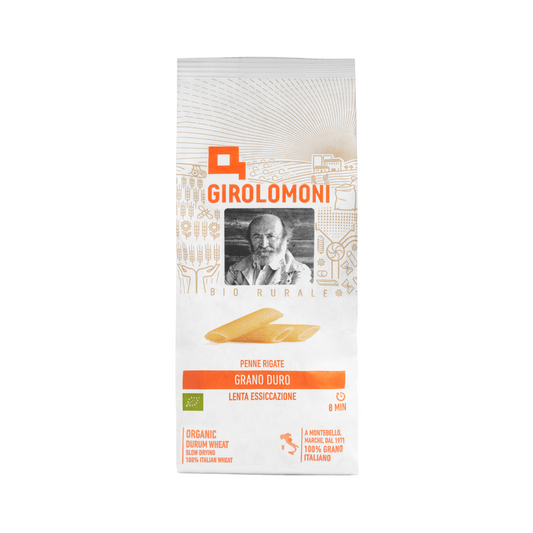 Girolomoni penne pasta packaging on a white background