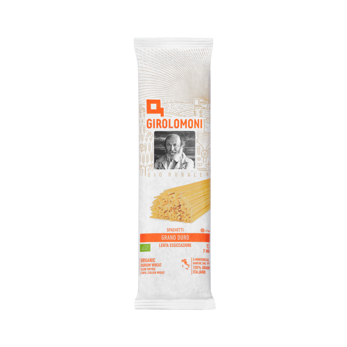 Girolomoni spaghetti package on a white background