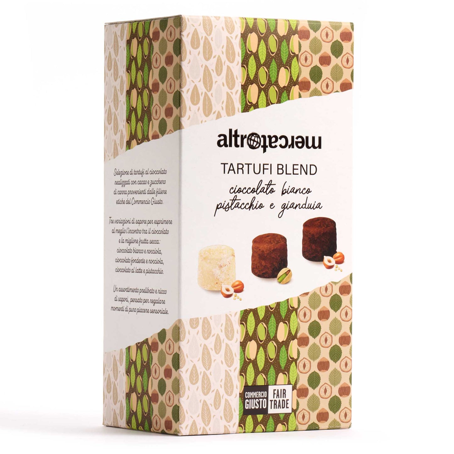 A tall white box with a pattern at the top and bottom with images of the different truffles inside the box on a white background.