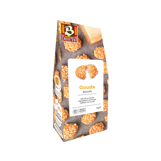 Packaging of Gouda Biscuits displaying the product and its name, with an image of the cheese biscuits on the front.