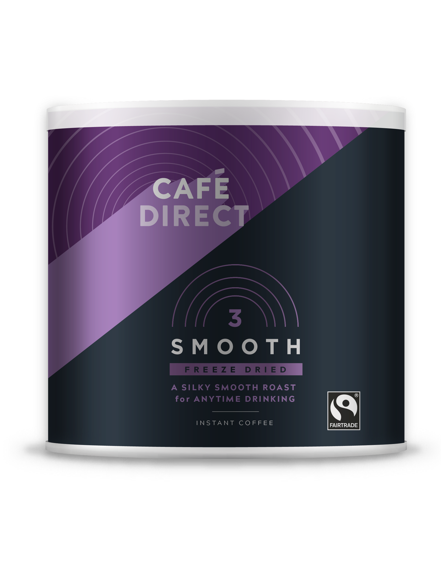 A container of Café Direct instant smooth roast coffee, 500g size, with purple and black color scheme.