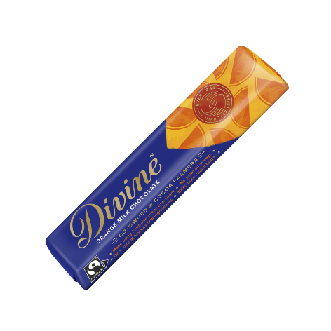 A 35g wrapped bar of Fairtrade Divine Orange Milk Chocolate with a design of orange segments on the wrapper.