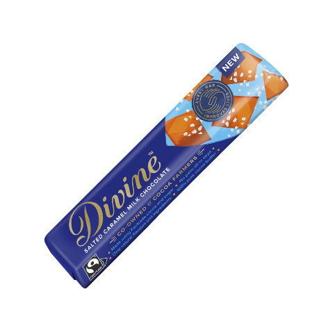 A 35g wrapped bar of Fairtrade Divine Salted Caramel Milk Chocolate with an image of caramel pieces on the packaging, indicating a new product.
