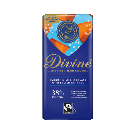 A 90g bar of Fairtrade Divine milk chocolate with salted  caramel with 38% cocoa, indicating it is made with high-quality cocoa from Ghana.