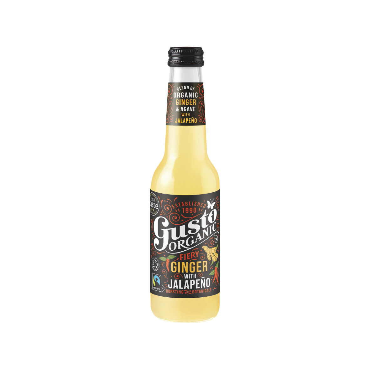 A bottle of Gusto Organic fiery ginger drink with jalapeno flavor.