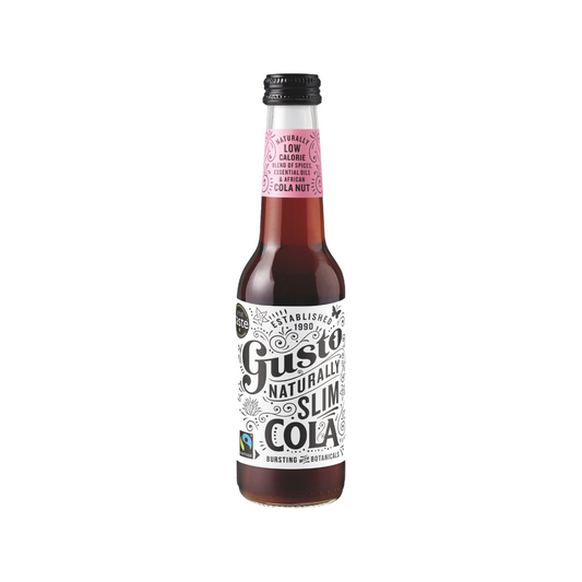 A glass bottle of Gusto Naturally Slim Cola with a label that includes the brand name and the words 'naturally low calorie' and 'fairtrade cola'.