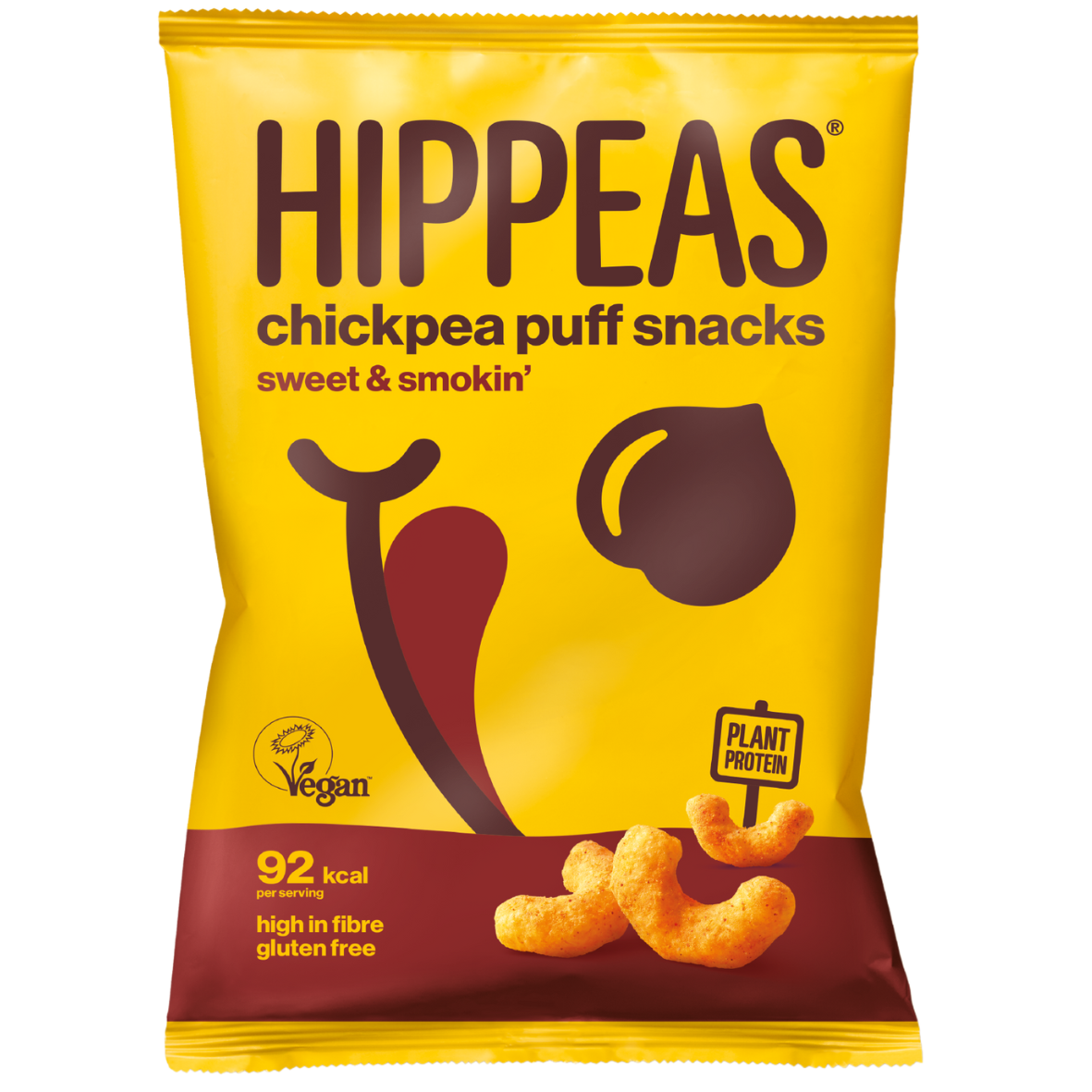 A package of HIPPEAS Sweet & Smokin' Chickpea Puffs. The packaging is yellow with an illustration of a chickpea and the product name displayed prominently.