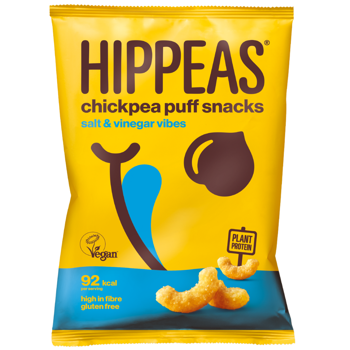 A package of HIPPEAS Salt & Vinegar Chickpea Puffs snack showing the product name and a few puffs on the front. The package is yellow with blue accents and has a 'Vegan' label on it.