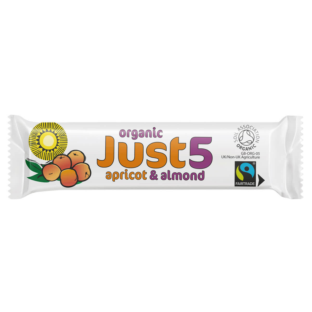 Packaging of Just 5 Fairtrade Organic Apricot & Almond Bar, displaying the product name and images of apricots and almonds.