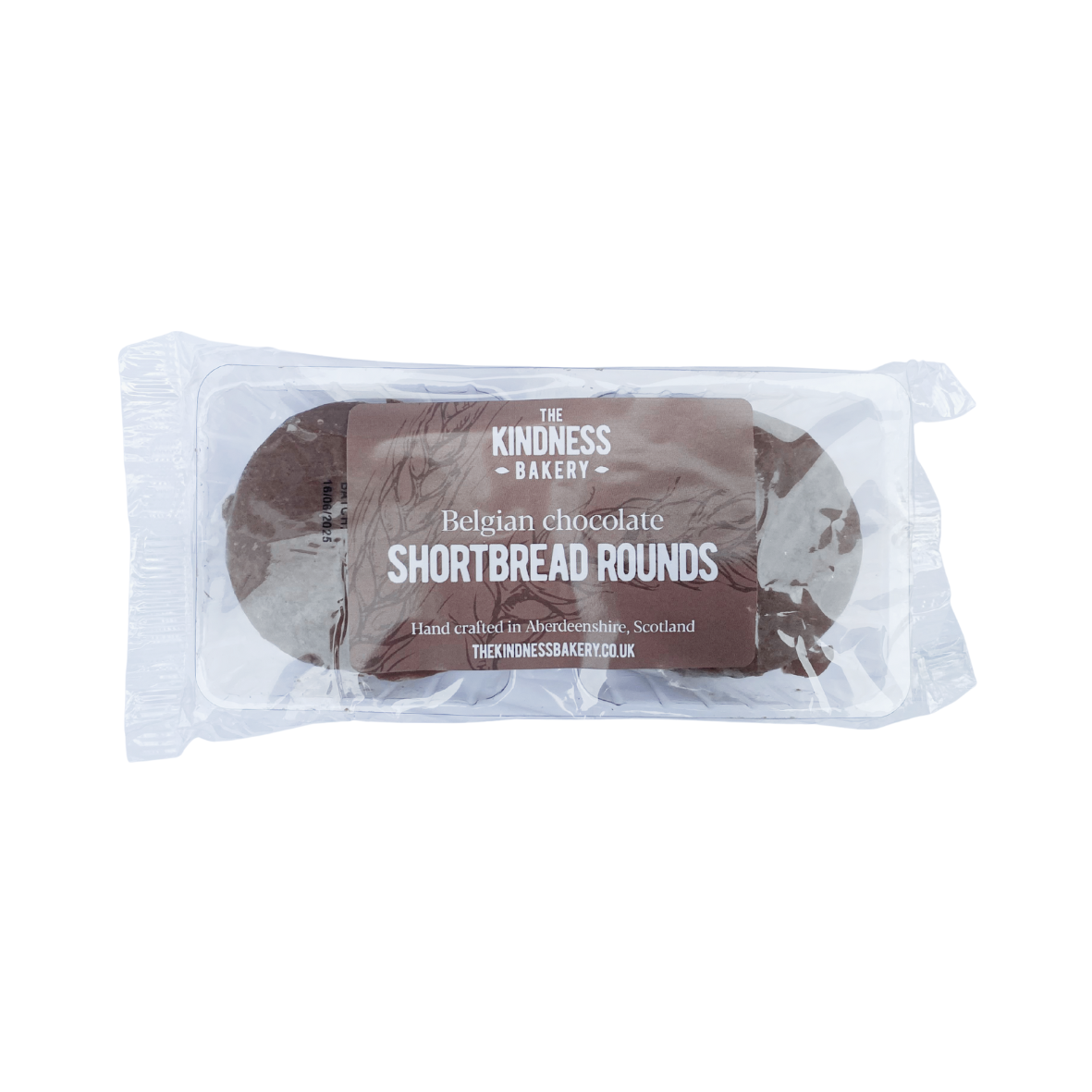 Packaged Belgian chocolate shortbread rounds from The Kindness Bakery on a white background