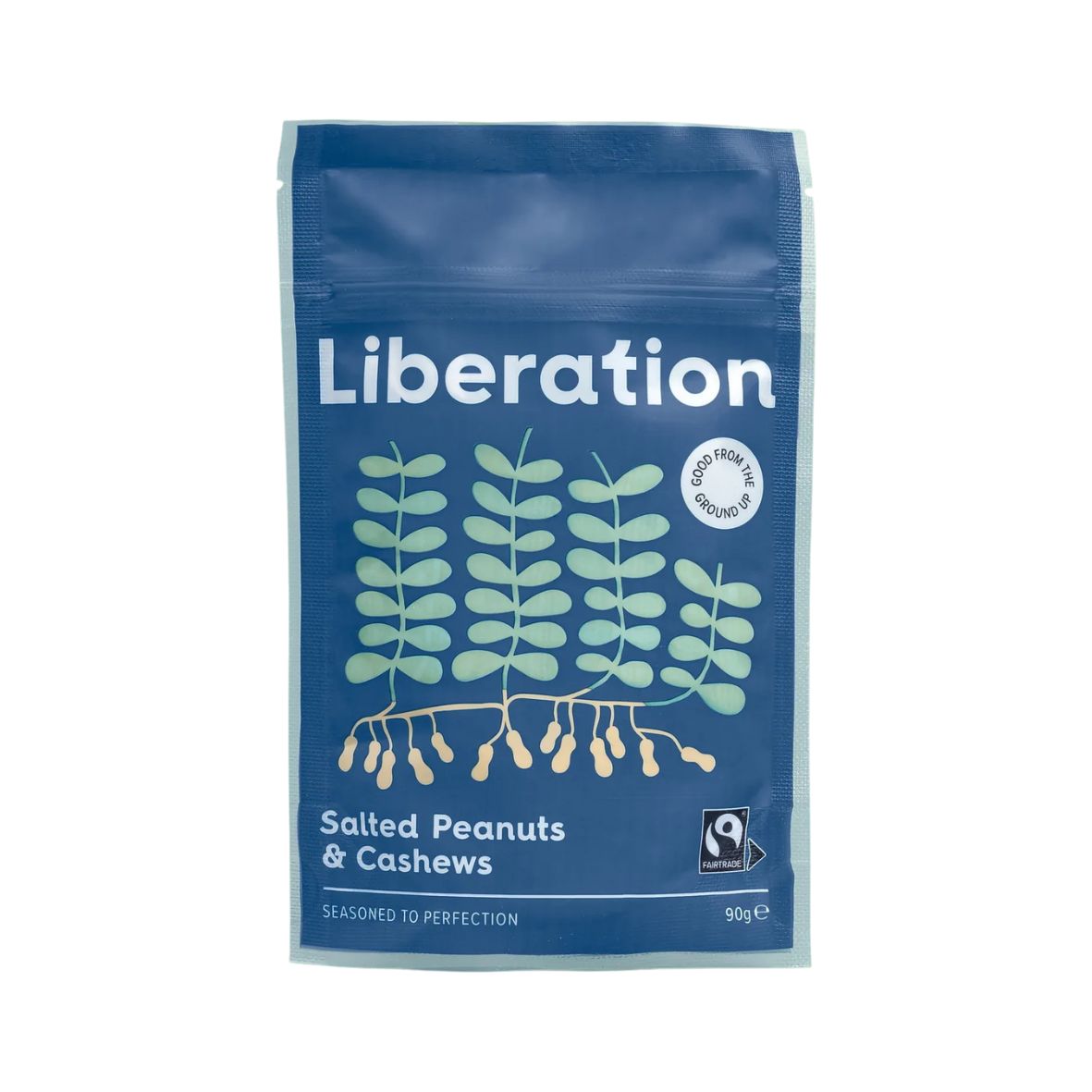 Blue package of Liberation salted peanuts and cashews on a white background