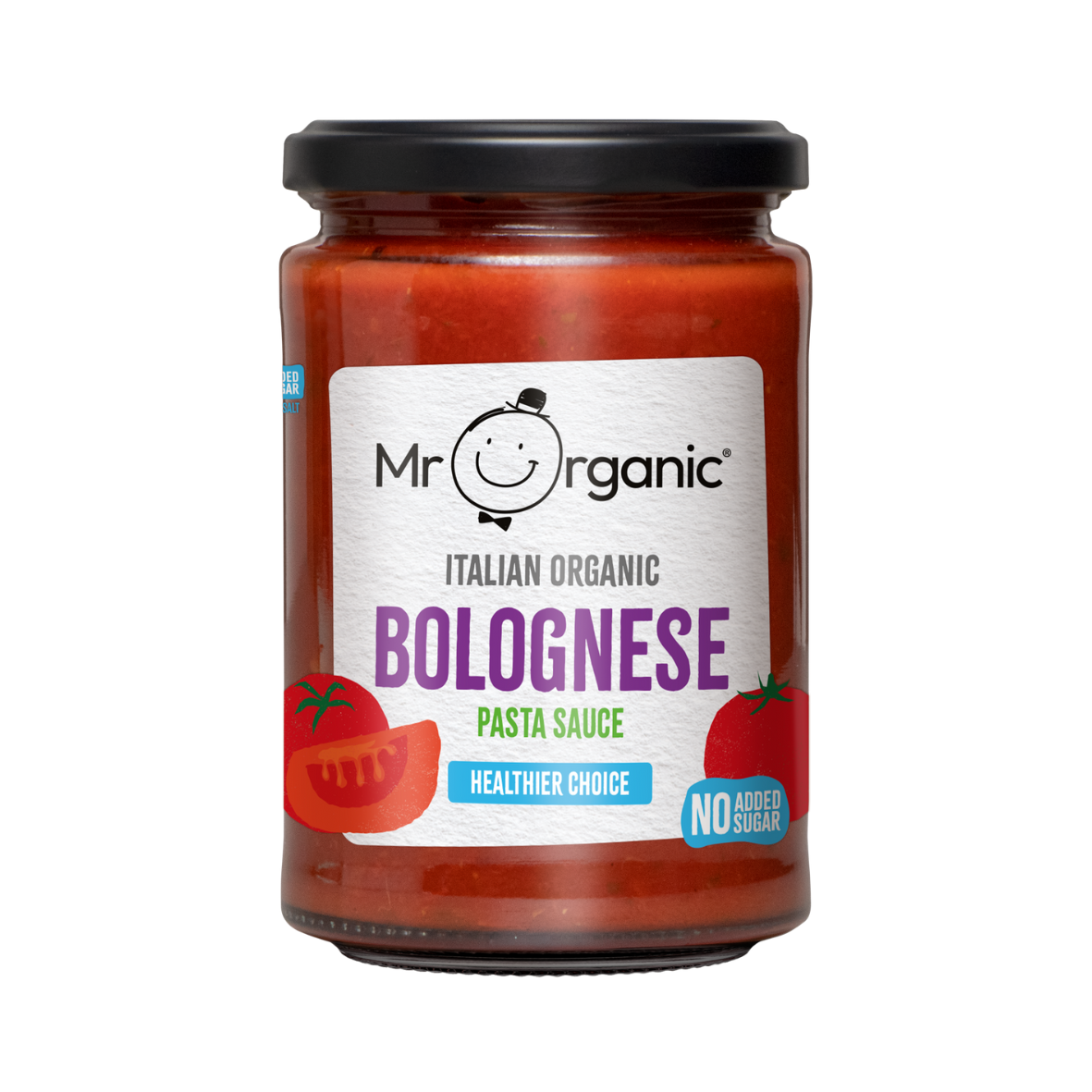 A jar of Mr Organic Bolognese Pasta Sauce with the label showing a picture of a tomato and text detailing the product type and brand.