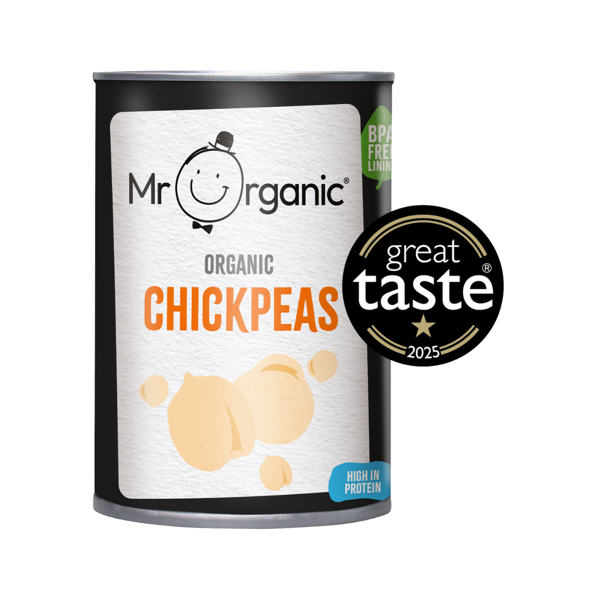 Can of Mr Organic organic chickpeas with Great Taste award on a white background