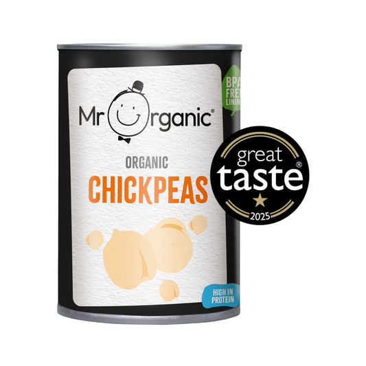Can of Mr Organic organic chickpeas with Great Taste award on a white background