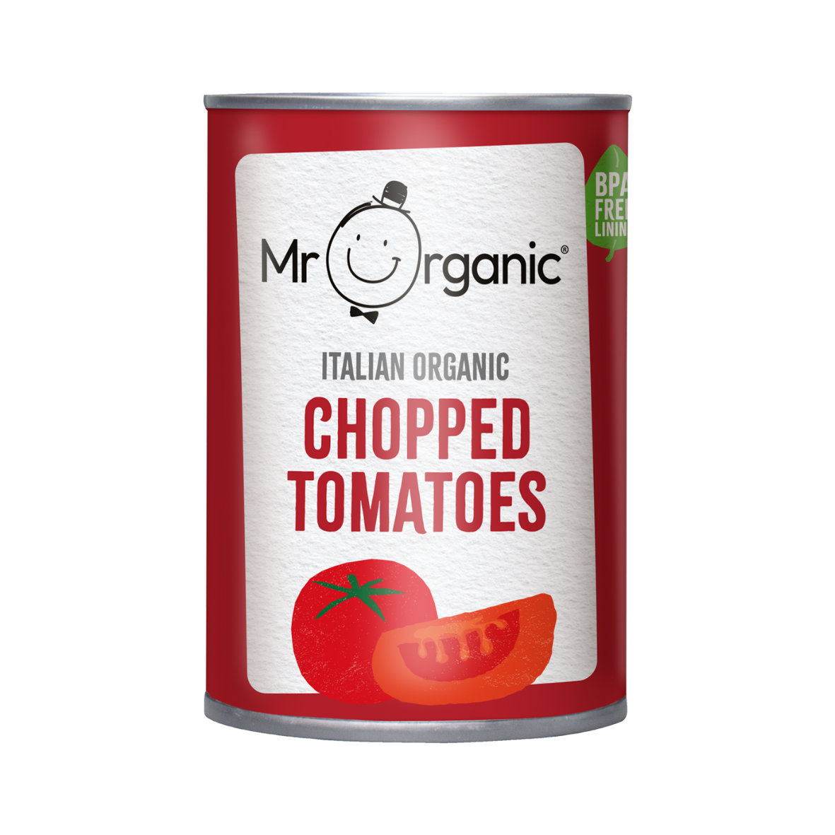 A can of Mr Organic Italian Organic Chopped Tomatoes with the label showing the brand logo, product name, and an image of a fresh tomato.