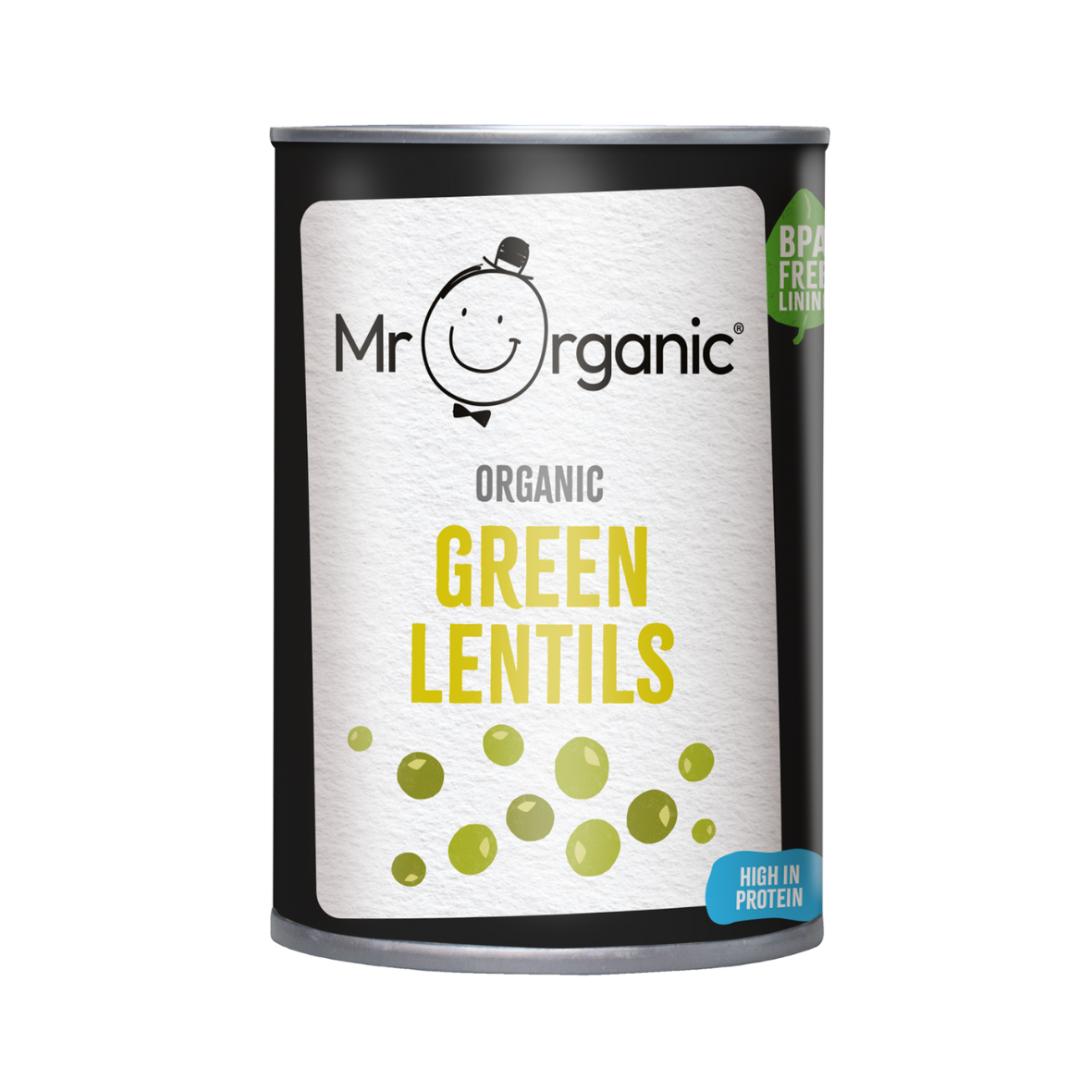 A tin can of Mr Organic Green Lentils, indicating it is organic and BPA-free.