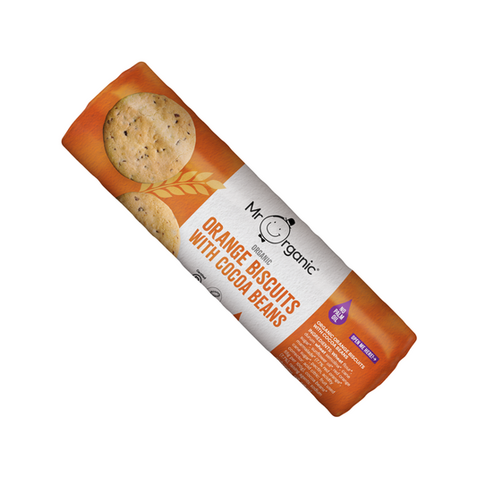 A package of Mr Organic orange biscuits with cocoa beans, displaying the biscuits and cocoa beans on the front.