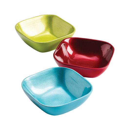 Three lacquered bamboo square bowls in green, red, and blue colors, handmade in Vietnam.