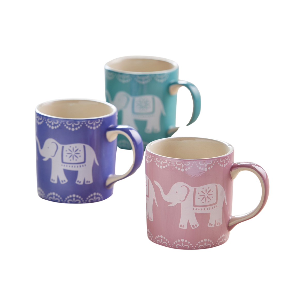 A set of three hand painted ceramic elephant mug, in blue, green, and pink colors, each featuring a white elephant design with an upturned trunk.