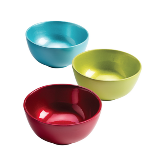 A set of three round lacquered bamboo bowls in blue, green, and red colors.