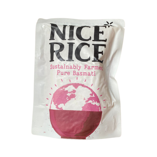 Bag of Pure Basmati Rice by Nice Rice with a pink and white design on a white background.