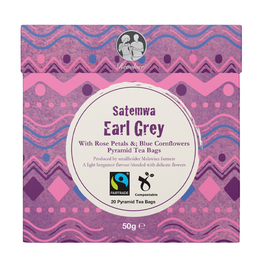 A lilac patterned box of Fairtrade Satemwa Earl Grey tea.