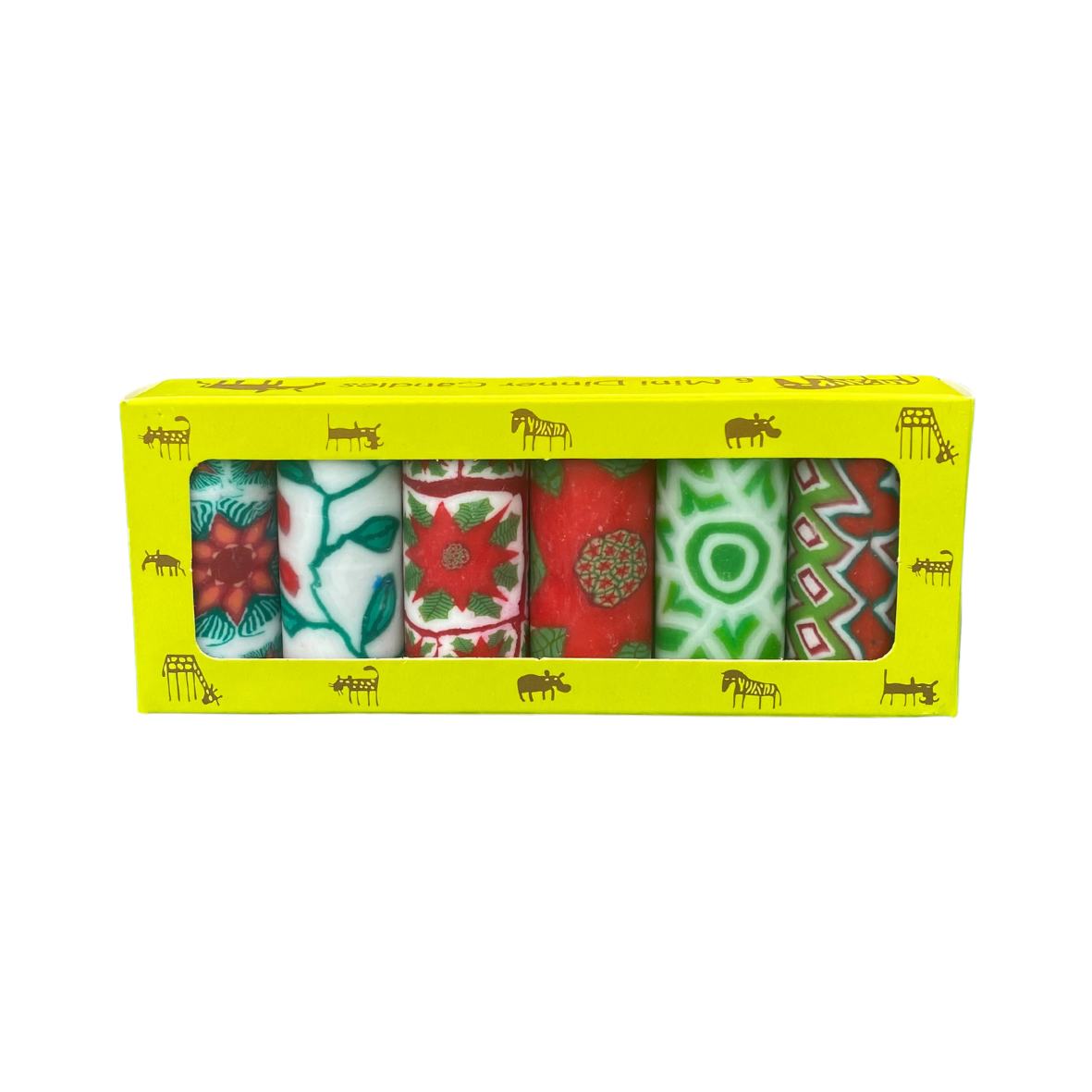A pack of 6 Swazi candles, each with a different Christmas design in white, green and red colours.  They are in a yellow box with African animals on it on a white background.