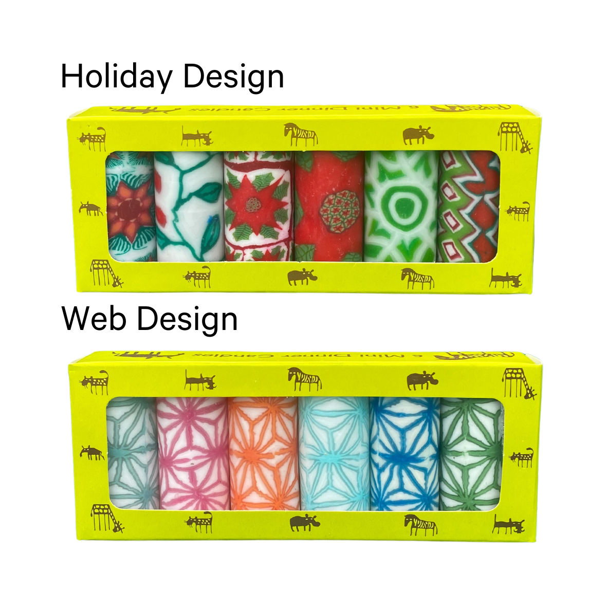 A set of six handcrafted dinner candles presented in a box with two different design categories: Christmas Design and Web Design. The candles have multicolored patterns.