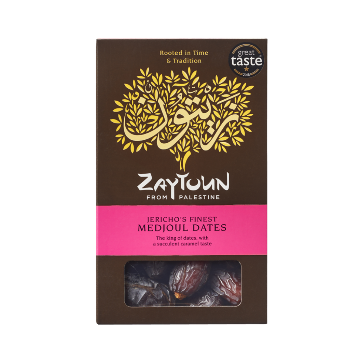 Packaging of Jericho's Finest Medjoul Dates (500g) by Zaytoun with a window showing the dates inside.