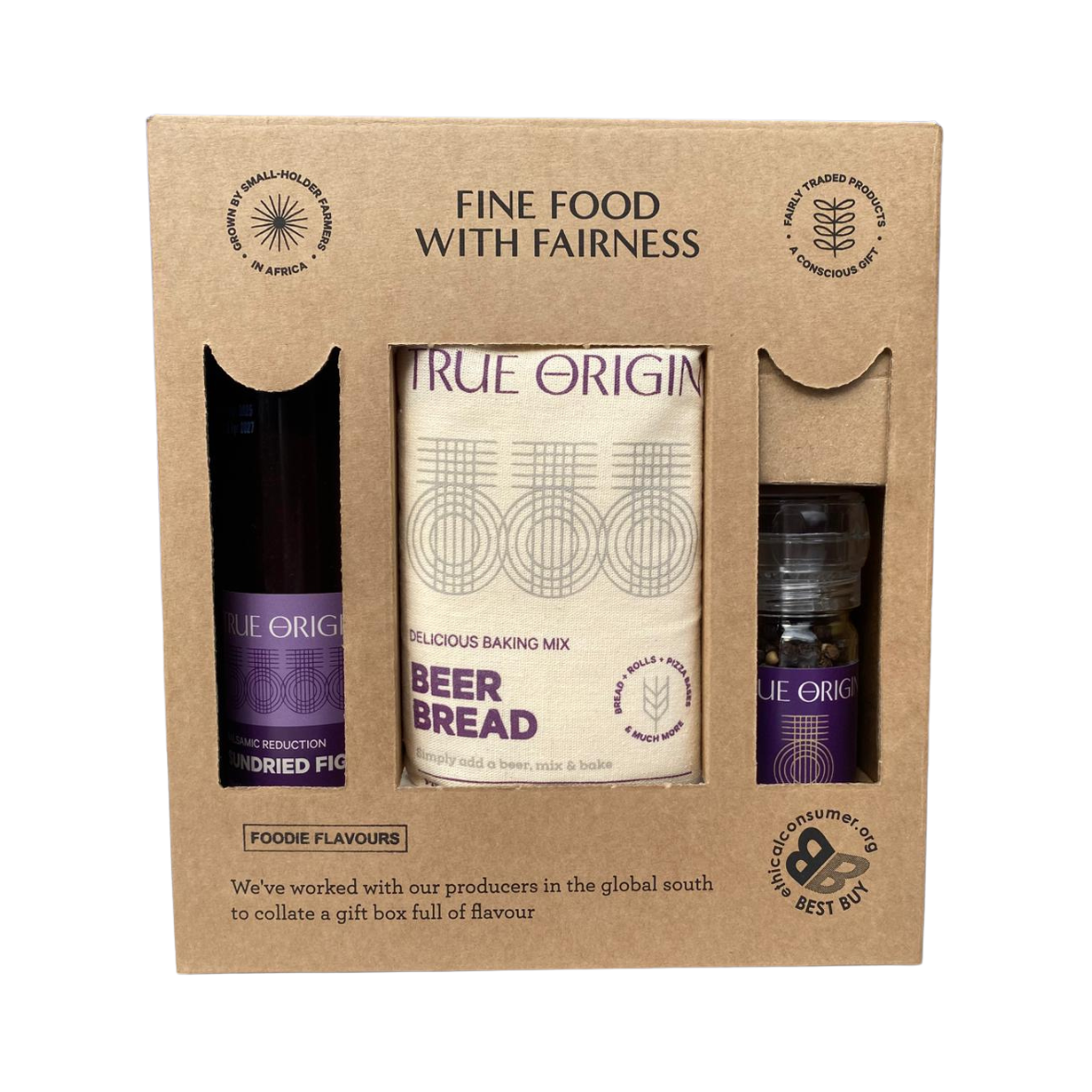Gift set with 'True Origin' beer bread, balsamic reduction and flavoured pepper within a cardboard box.