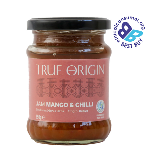 Jar of 'True Origin' Jam Mango & Chilli with a pink label on a white background from Meru Herbs in Kenya