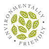 A round logo with several green leaves in the middle and the words Environmentally Friendly around the outside.