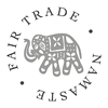 A round white logo with an Indian elephant in the middle and the words Namaste Fair Trade around the outside.