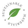 White circular logo with a green leaf and the words 'Sustainable Materials' around the outside.