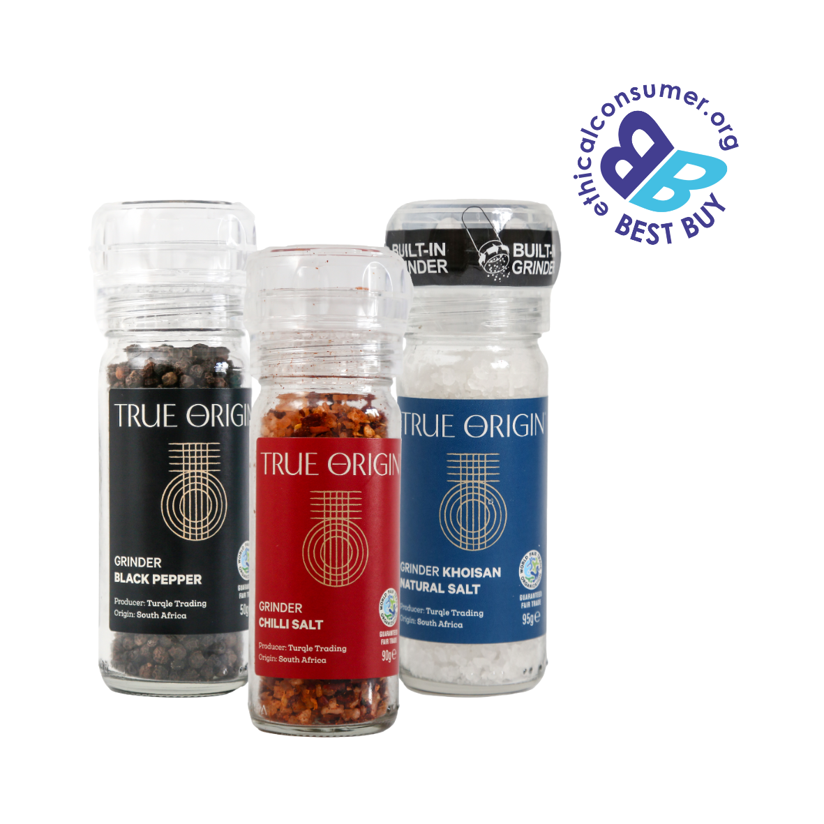 Three True Origin salt and pepper grinders - Black Pepper, Chilli Salt, Khoisan Natural Salt with visible brand logo on a white background