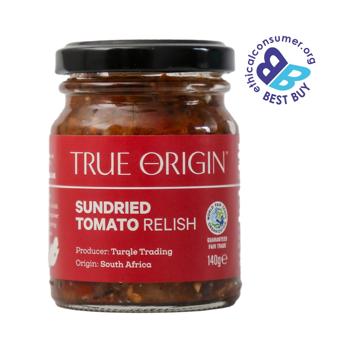 Jar of True Origin sundried tomato relish with a red label on a white background and Best Buy logo