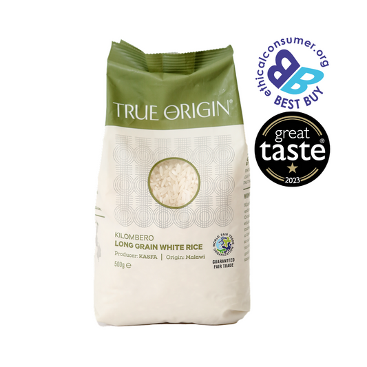Bag of True Origin white long grain aromatic rice with certification logos on a white background