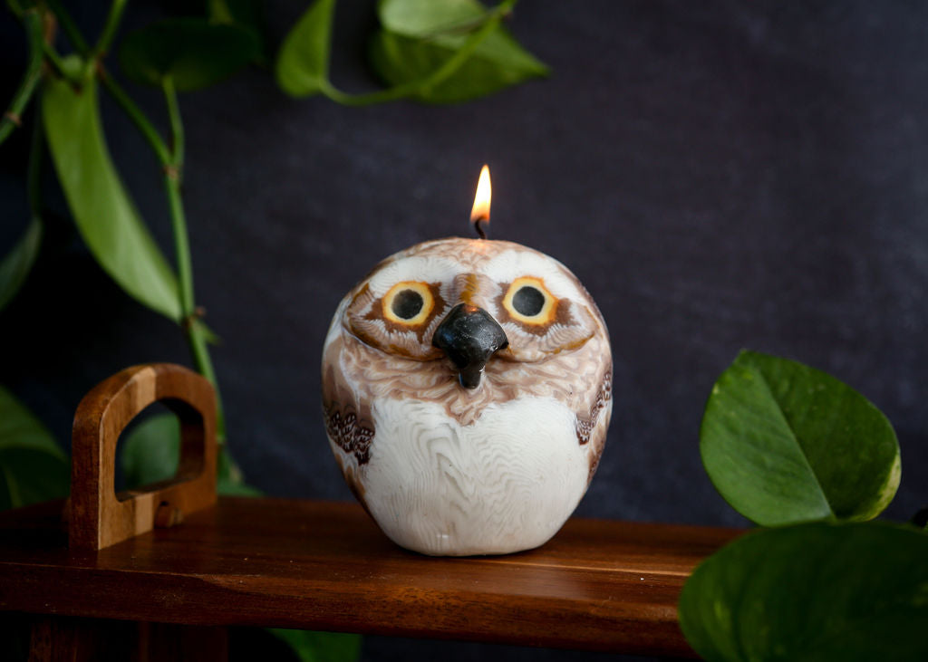 Owl-shaped candle with a lit wick on a dark background