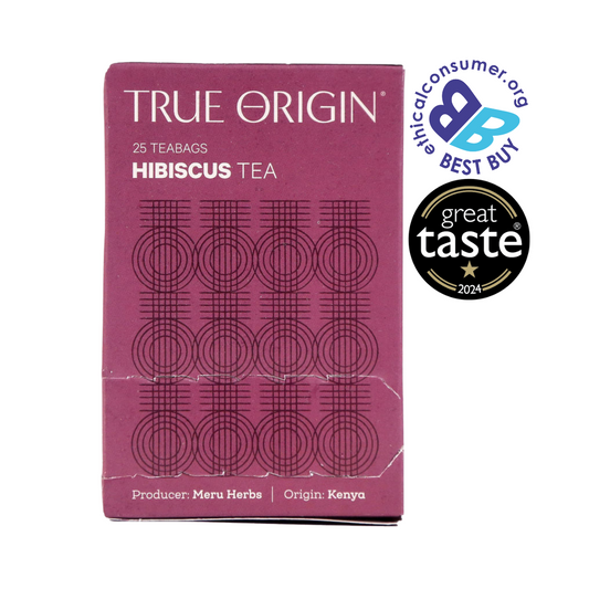 True Origin purple Hibiscus Tea packaging with Best Buy and Great Taste logos on a white background