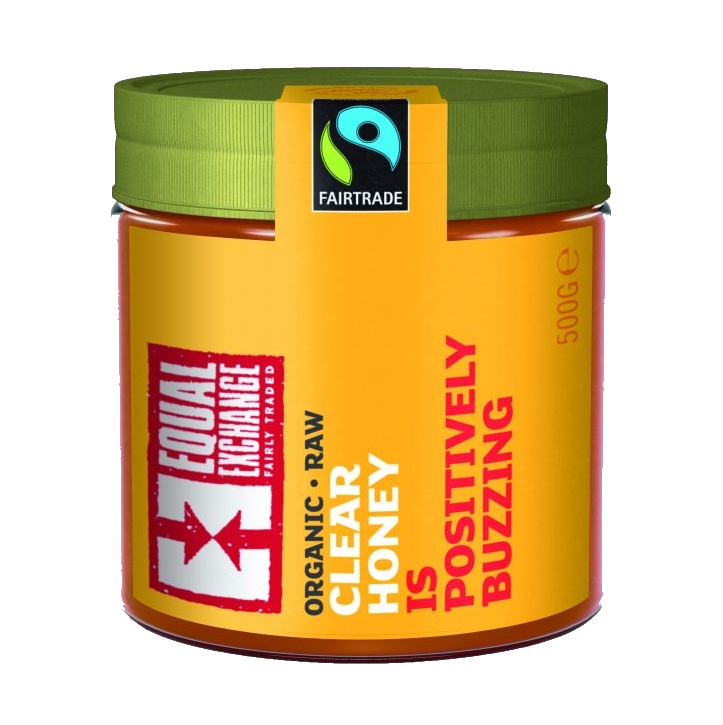 A jar of organic raw clear honey with a green lid, labeled with the brand Equal Exchange and the Fair Trade logo, indicating a 500g weight.