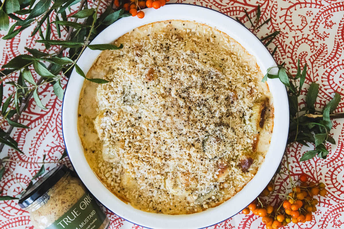 Leek Gratin with Creamy Dill Mustard and Garlic & Herb Cashew Crumb