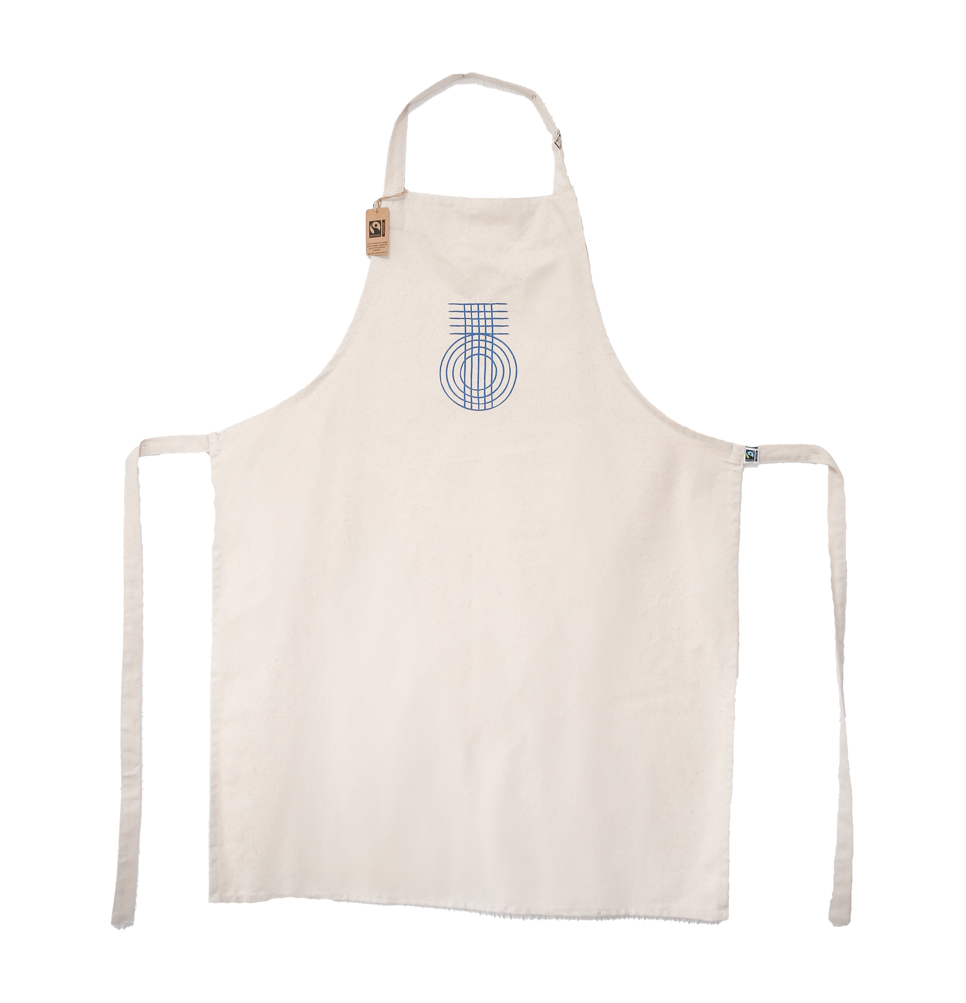 A beige apron with a blue geometric pattern and the 'True Origin' brand logo on the front. It has canvas ties for the neck and waist.