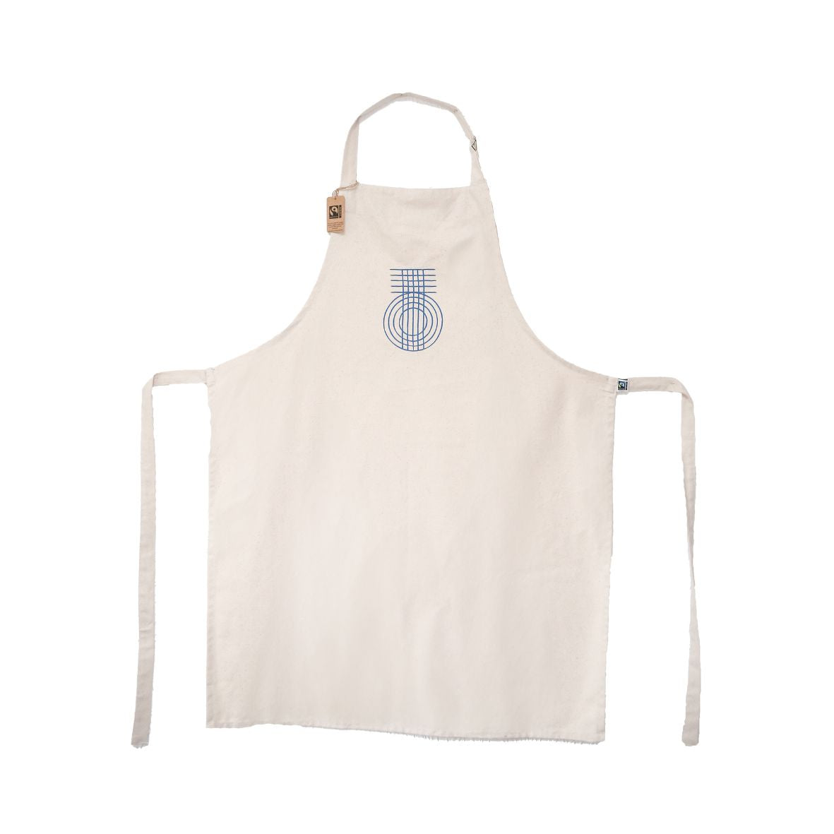 A beige apron made with Fairtrade cotton with the True Origin 'TO' weave symbol on the front.