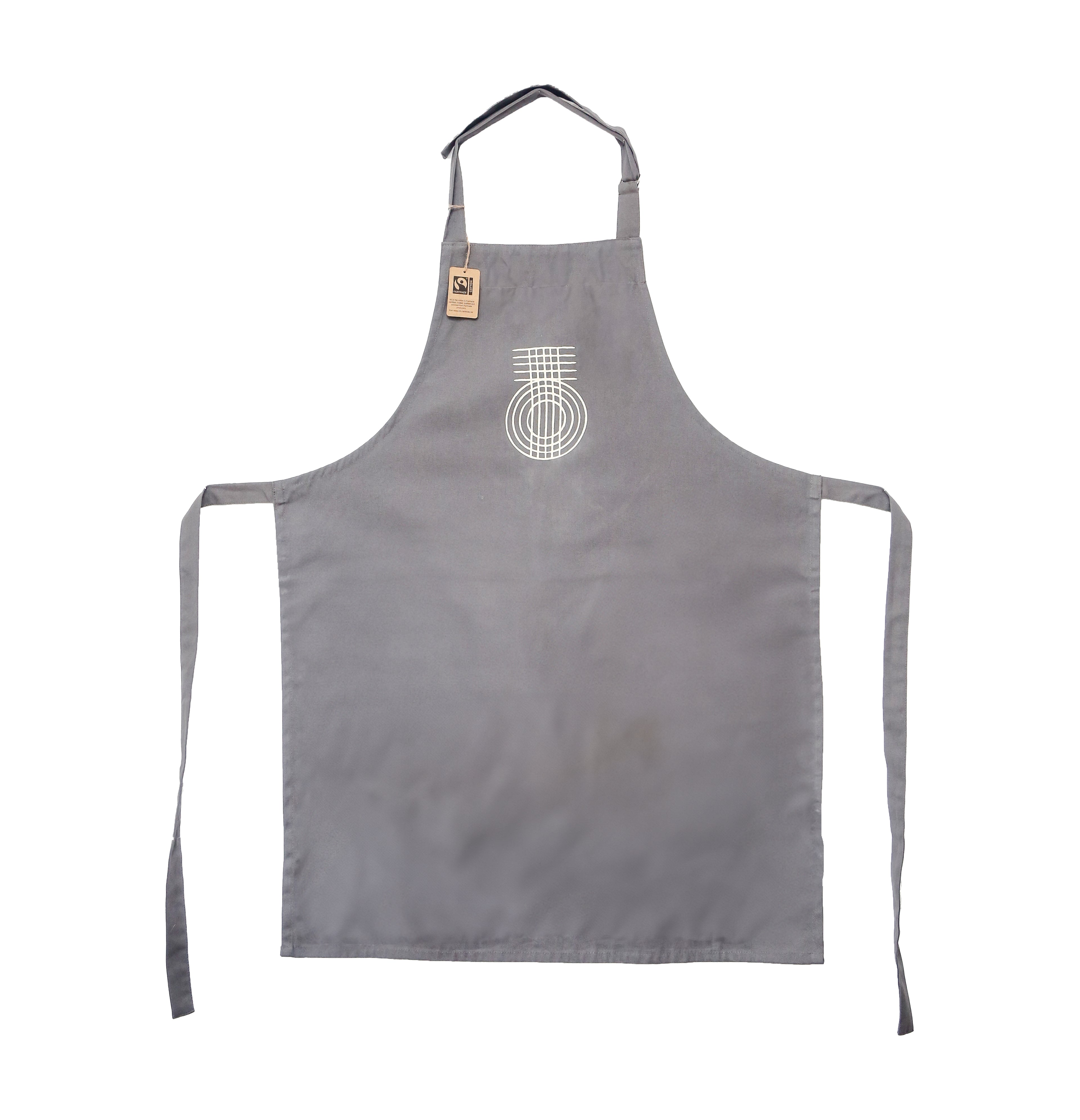 A grey apron with a printed True Origin logo on the front, featuring adjustable neck and waist ties.  Made with Fairtrade cotton.